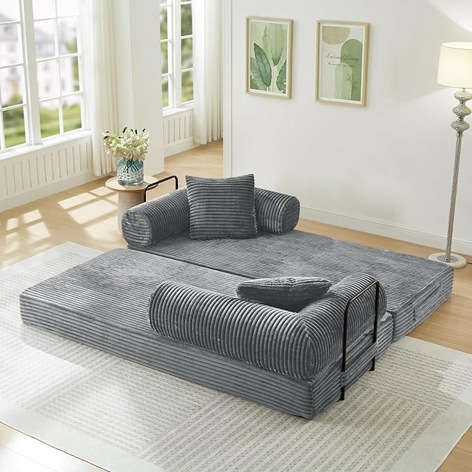 Modular Couch Bed, Convertible Folding Plush Corduroy Comfy Floor Memory Foam Compression Loveseat Sleeper Sofa Couch, King Size Bed for Guest Room Living Room Bedroom, No Assembly Required, Grey