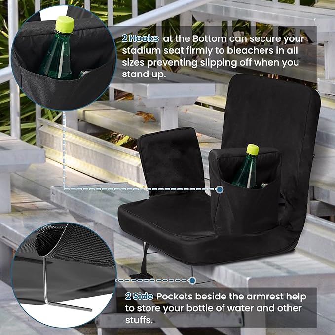 TOPSKY Stadium Seat with Back Support, Regular Size 18.7”Width (Seat 17”), 3 Reclining Positions, Wide Bleacher Seats with 2 Hook, Picnic Seat (2pcs Black)
