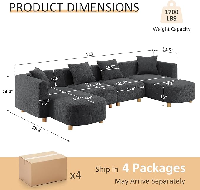 VANOMi 113" Sectional Sofa with 4 Pillows, U-Shaped 4-Seater Comfy Boucle Cloud Couch, Modern Double Chaises Lounge Sofas for Living Room, Office, Apartment (Dark Gray-U)