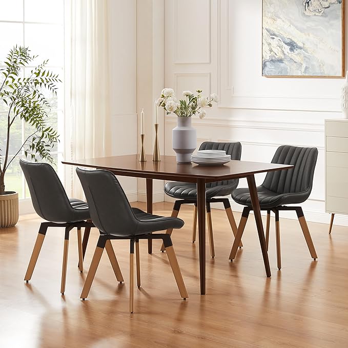 Art Leon Swivel Dining Chairs Set of 2, Mid Century Modern Kitchen Dining Room Chairs, Upholstered Faux Leather Armless Side Chair with Wood Legs for Living Room Bedroom, Dark Gray