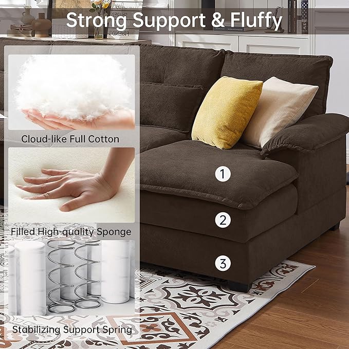 Jarenie 110" Convertible Sectional Sofa, U Shape Cloud Couch, Comfy Couches with Double Chaise and Sleepable Armrests, 4 Seats Sectional Couches for Living Room, Coffee