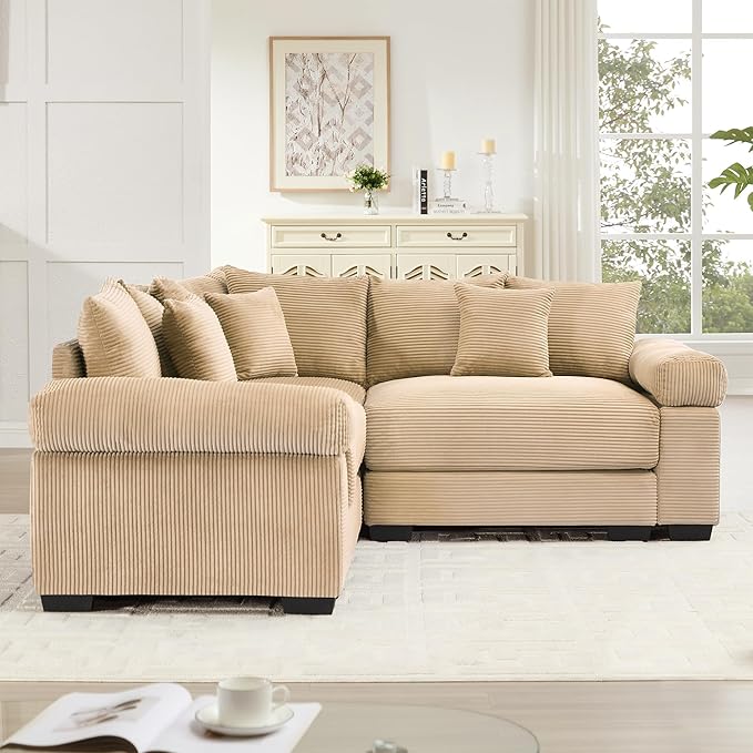 KEIKI 79" L-Shaped Oversized Corduroy Modular Cloud Sectional Sofa with High-Density Foam Cushion, Extra-Thick Armrest, Convertible 3-Seater Fluffy Corner Couch with 10 Pillow, for Living Room, Camel
