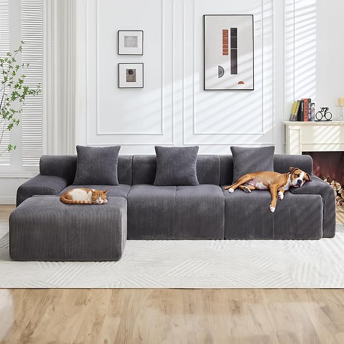 118" Modular Sectional Sofa, Cloud Sectional Couch with Chaise,Modern Boneless L-Shaped Sofas with Deep Seat, Upholstered Comfy Couches for Living Room, No Assembly Required, Plush Corduroy, Deep Gray