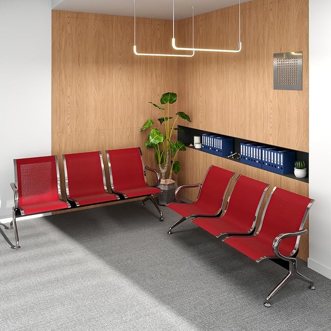 Kinfant 3-Seat Waiting Room Chair - Office Guest Reception Chairs with Ergonomic Backrests, Airport Waiting Bench with Armrests, Metal Waiting Furniture for Hospital, Bank (Dark Red, Set of 2)