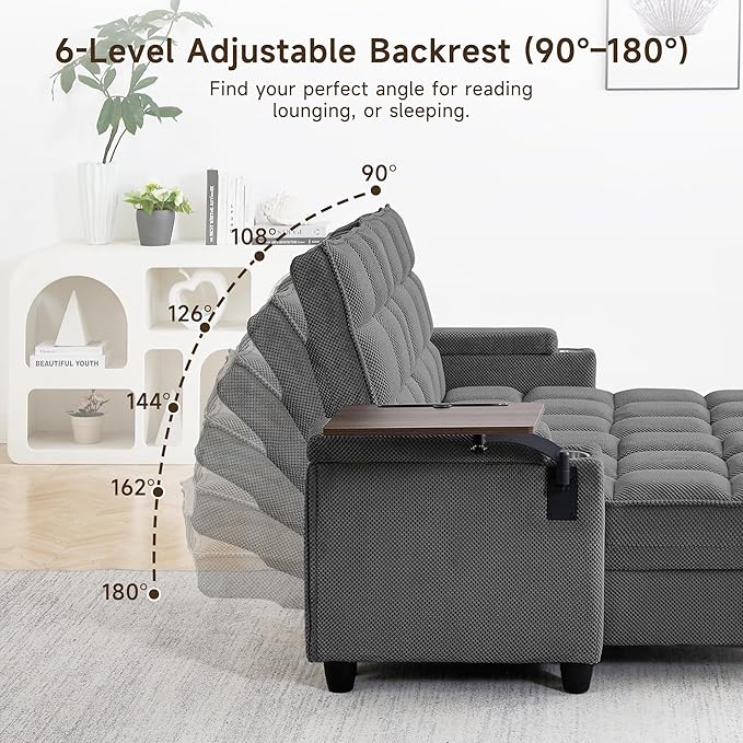 70.9'' Double Chaise Lounge with 360 degree rotatable side table, Comfy Corduroy Indoor Lounge Chair with Armrest Storage, Cup Holder, USB Port, and Pillow for Living Room or Bedroom (dark gray)