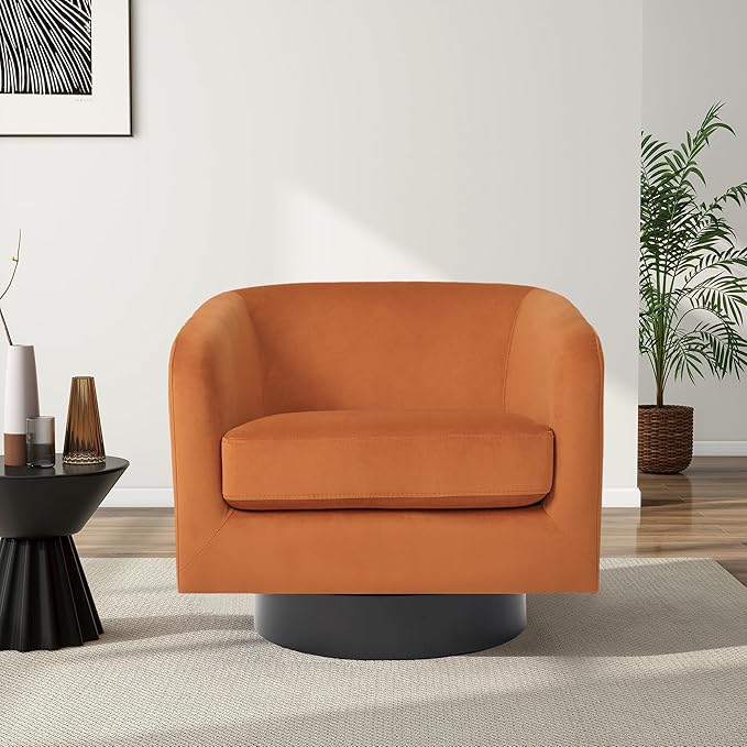Swivel Barrel Chair, Modern Round PU Leather Accent Armchair for Living Room, Bedroom, Oversized Comfy Club Reading Chairs for Adults (Velvet Orange, Set of 1)