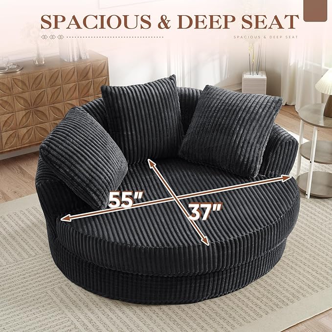61"W Oversized Round Chaise Lounge Chair Indoor, Upholstered Corduroy Large Circle Boneless Chair with Deep Seat, No Assembly Required, Modern Comfy Cloud Sofa Chairs for Living Room, Bedroom(Grey)