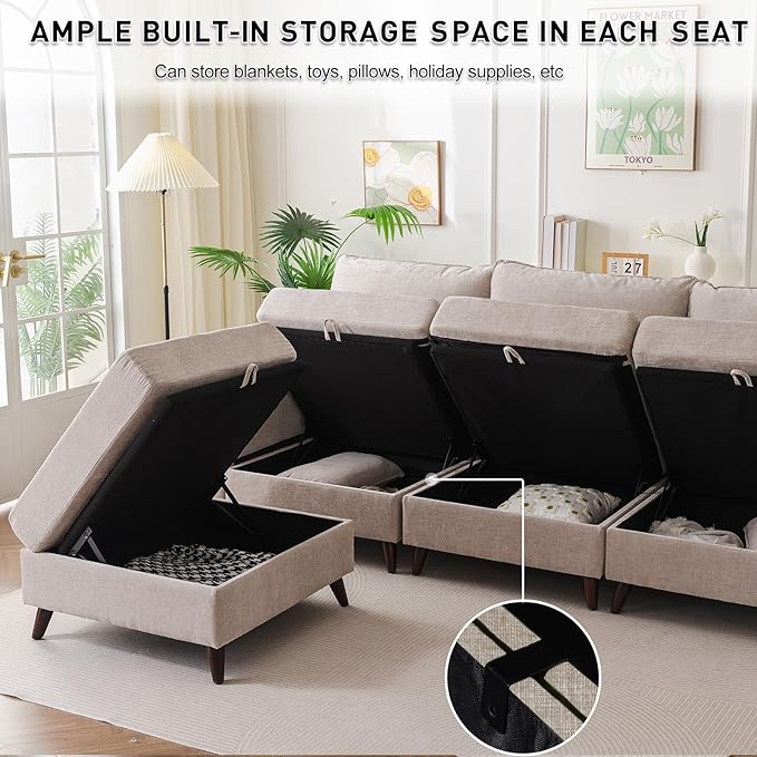Rexulqo 135'' Modular Sectional Sofa with All Seats Storage, Oversized L Shaped Couch for Living Room,4-Seater Comfy Cloud Couches with Movable Ottoman,Big Sectional for Bedroom,Velet,Khaki
