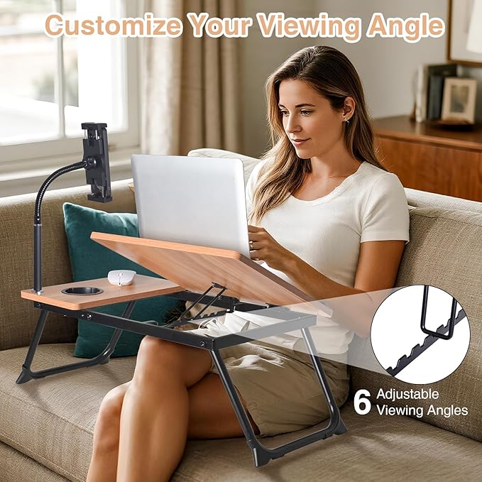 Adjustable Wooden Lap Desk with Flexible Stand, Natural Oak Color, Portable Workstation with Cable Management, Ergonomic Design for Home Office (Wood+Black)