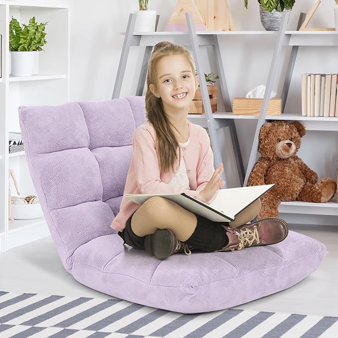 Giantex Floor Chair with Back Support, 14 Adjustable Position, Padded Sleeper Bed, Couch Recliner, Folding Gaming Floor Chairs for Adults, Living Room, Bedroom, Yoga, Meditation, Light Purple