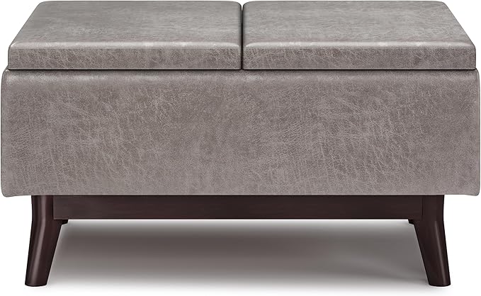 SIMPLIHOME Owen Tray Top Small Coffee Table Storage Ottoman - 34 inch Wide Upholstered Vegan Leather Rectangular Flip-Top Ottoman in Distressed Grey, Mid-Century Modern Ottoman for Living Room