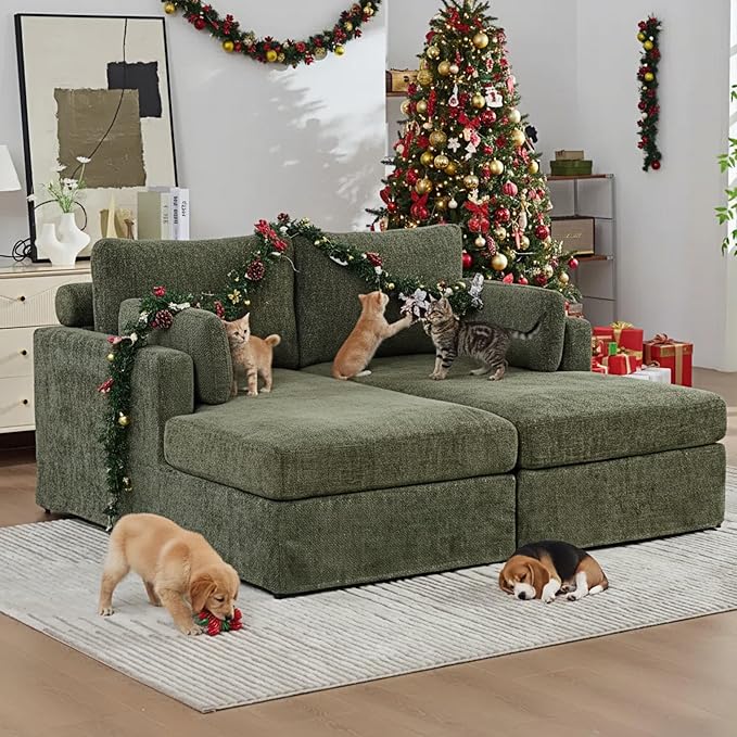Arouseden Green Chaise Lounge Chair,63" Comfy Loveseat Sofa with Cylindrical Headrest for Neck Support,Chenille Chaise Lounge Indoor,Recliner Chair Oversized with Armrests and Throw Pillows