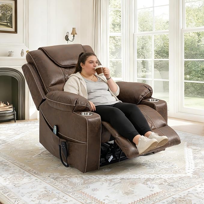 Oversized Power Lift Recliner Chair for Big and Tall 400 LBS, 25" Large Electirc Recliner Chair with Massage and Heating, 180° Lay Flat Zero Gravity Recliner Sofa, Leather, Coffee Brown