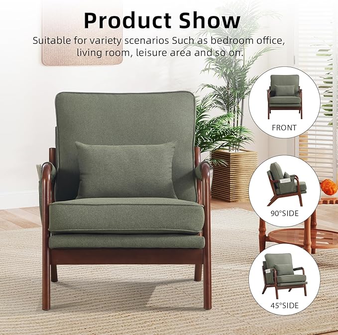 CANMOV Mid Century Modern Accent Chair with Extra Side Storage Pocket Upholstered Reading Armchair with Waist Cushion, Accent Chair for Living Room Bedroom, Easy Assembly, Green