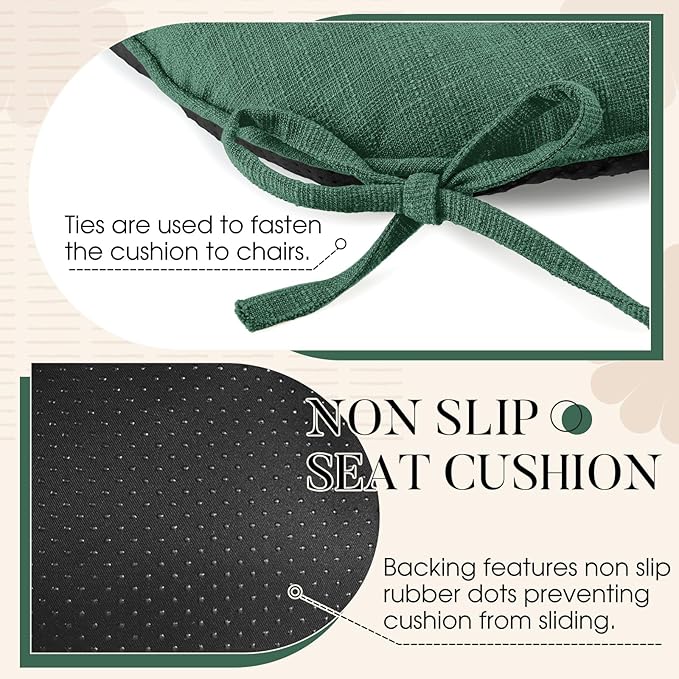 Basic Beyond Chair Cushions for Dining Chairs 6 Pack, Chair Cushion with Ties and Non Slip Backing, 15.5 x 15.5 inches Tufted Chair Pads for Dining Chairs, Forest Green