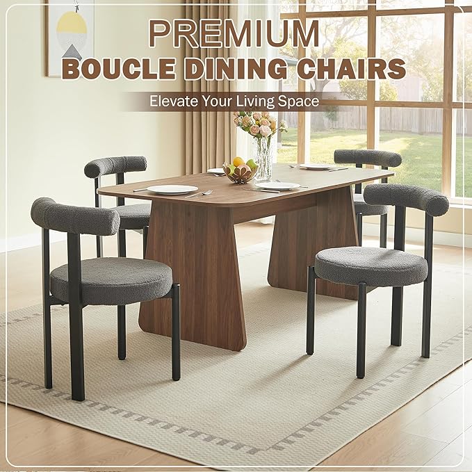 Kiztir Boucle Dining Chairs Set of 4, Modern Dining Room Chairs with Curved Backrest and Black Metal Legs, Upholstered Round Dining Accent Chairs for Kitchen, Living Room, Bedroom (Gray)