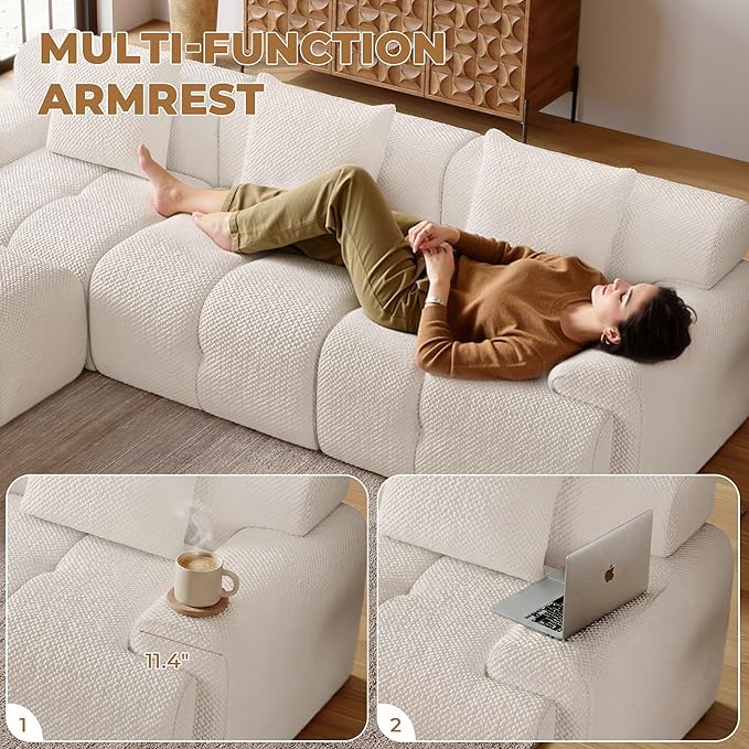 104" Modern L Shaped Modular Sectional Sofa, 4 Seater Convertible Chenille Cloud Couch Sofa Set, Boneless Couches for Living Room with Ottoman, No Assembly Required, White
