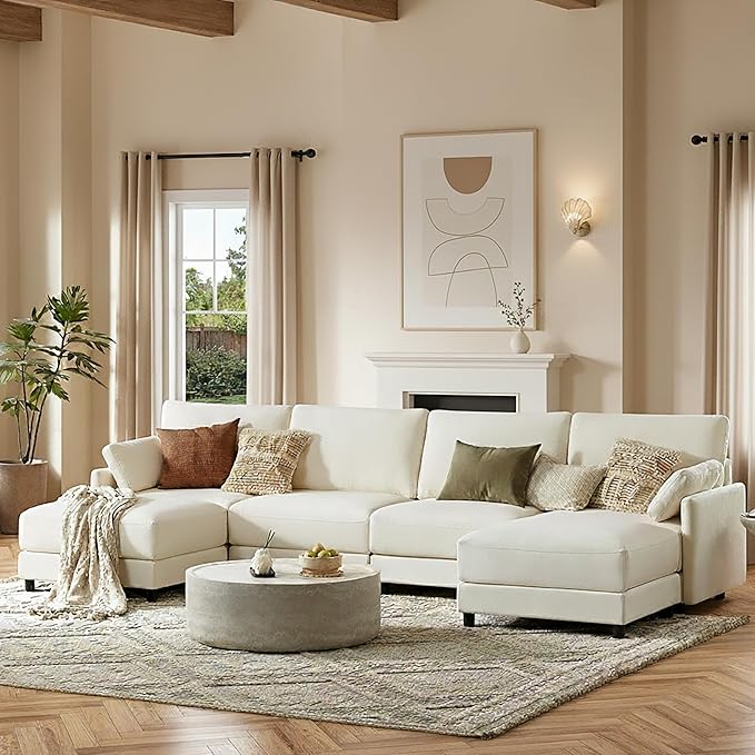 CHITA U Shaped Modular Sectional Sofa with 2 Ottoman, Modern Cloud Couch for Living Room and Apartment, 6 Seat Extra Comfty Sofa, Removable Cover, 141 Inch Width, Cream