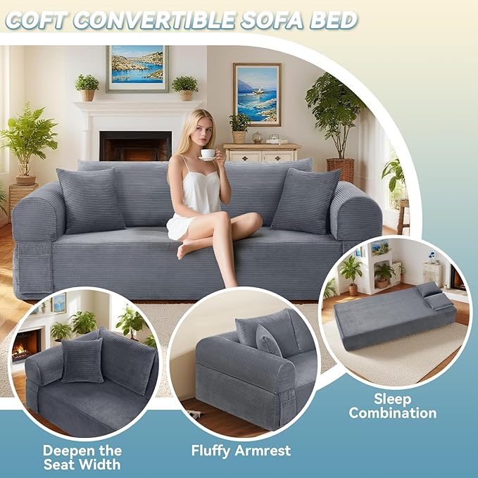GJQ 83" Boneless Couches for Living Room,Corduroy 3 Seater Couch in a Box with 4 Pillows & Storage Pocket,Convertible Sleeper Sofa Bed Compressed Floor Sofa,Deep Gray