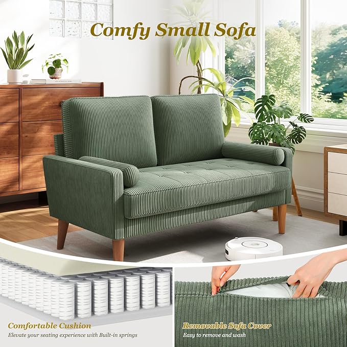 Vesgantti Loveseat Sofa with Solid Wood Legs,48" Small Corduroy Couches for Small Spaces, Mid Century Modern Love Seat for Living Room, Bedroom, Easy Assembly with Throw Pillow, Green