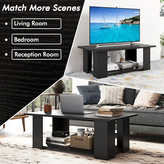 Tangkula 2-Tier Coffee Table, Modern Rectangular Center Cocktail Table with 5 Support Legs, Wooden Accent Living Room Furniture, Small Coffee Table for Small Spaces, Easy Assembly (Black)