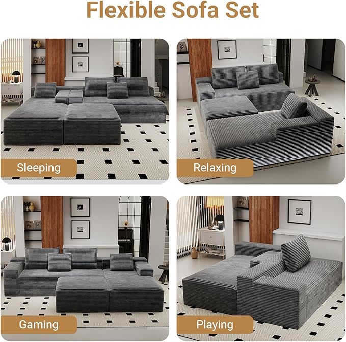 KAPEETOO Modular Sectional Sofa Cloud Couch with Right Chaise Longue, U Shaped Boneless Couch with Ottoman Deep Seat, Oversize 3-Seater Boneless Sofa Set for Living Room Bedroom (Grey)
