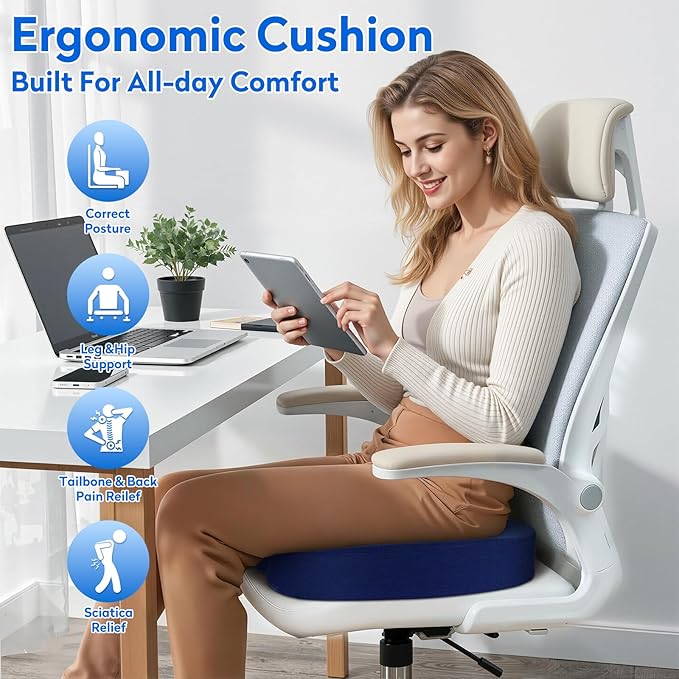 CushZone Seat Cushion, Office Chair Cushions, Car Seat Cushion, Non-Slip Sciatica & Back Coccyx Pain Relief Chair Pad, Memory Foam Pillow for Computer Desk, Wheelchair, Driving Large Size (Blue)