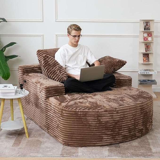 WJShome Oversized D-Shaped Lounge Chair Indoor, Modern Upholstered Corduroy Deep Seat Circle Single Foam Couch,Cloud Lounge Floor Sofa Chair for Living Room, Brown