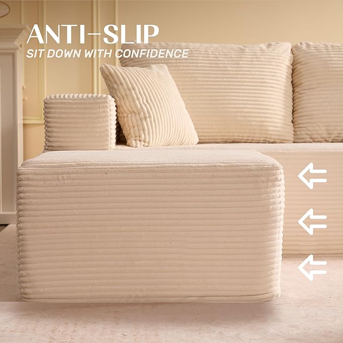 Chaise Lounge Chair, Sleeper Couches, Boneless Couch for Living Room and Bedroom, Corduroy, White