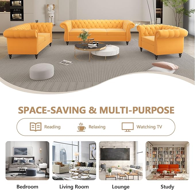 QHITTY Accent Large Sofa, Chesterfield Couch 3 Seater Modern Velvet Couch Upholstered Sofa with Tufted Back for Living Room Furniture (Mango)