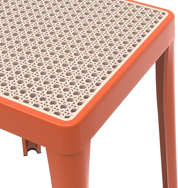 LeisureMod Tresse Mid-Century Modern Square Plastic Dining Stool Set of 2, Stackable Accent Stools with Breathable Seat, Lightweight Seating for Kitchen, Dining Room, Bedroom, or Entryway (Orange)