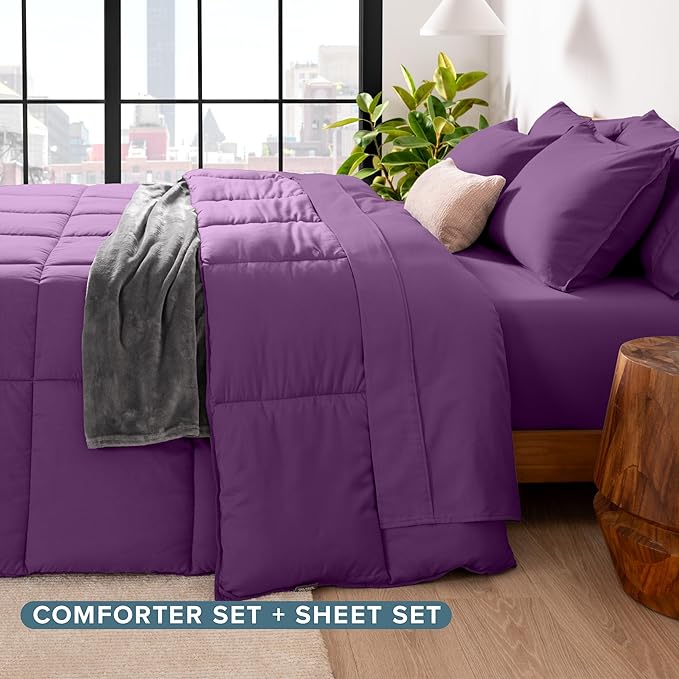 Bare Home Bed-in-A-Bag 5 Piece Comforter & Sheet Set - Twin XL - Goose Down Alternative - Ultra-Soft 1800 Premium Bed Set (Twin XL, Plum/Plum)