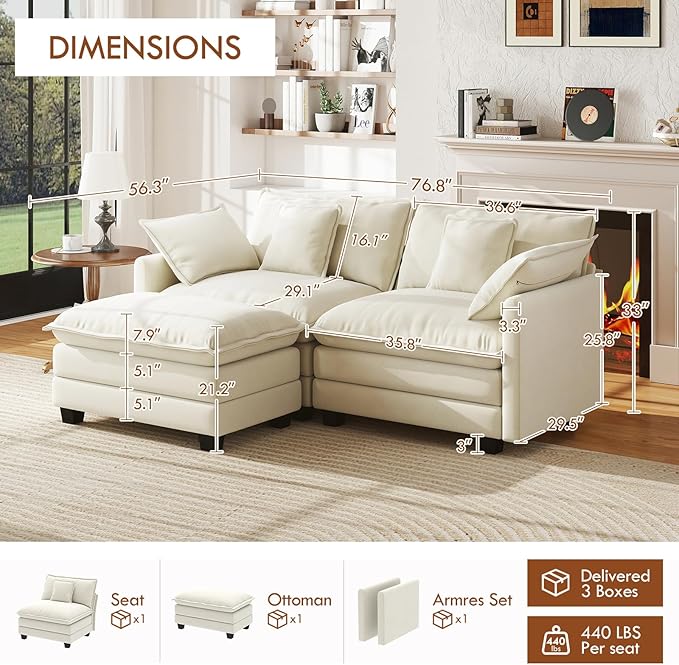 WorthFurni 77 Inch L Shape Cloud Sofa, Modular Sectional Couch with Ottoman, Comfy Chenille Deep Seat Loveseat with Pillow for Living Room Bedroom Apartment （Beige）