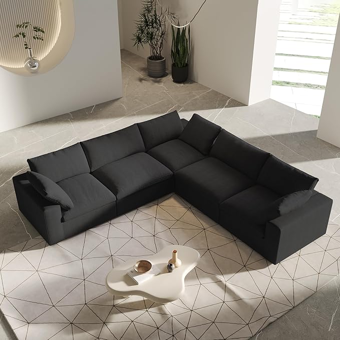 V-Shaped Cloud Sectional Couch, Modular Sectional Sofa, Modern Comfy Cloud Sofa, Covers Removable, Convertible Sleeper Couch for Living Room Apartment (Black, Linen Fabric)
