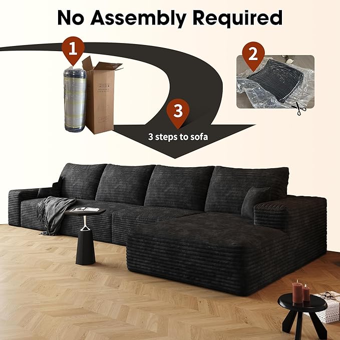 AUGOP 136" Sectional Couches for Living Room Modern Modular Sofa with L-Shape Couchs Upholstered Boneless Couch Deep Seat Sectional Couch with Chaise (Black, Right Facing Chaise+3Seaters)