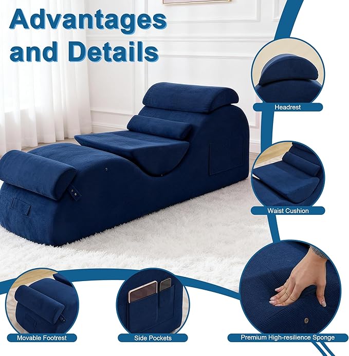 DRMBOOK Yoga Chairs for Adults, Corduroy Fabric Chaise Lounge with Headrest, Boneless Yoga Sofa Couch with Waist Cushion, Movable Footrest, Side Pockets for Relaxation Exercise Stretching (Blue)