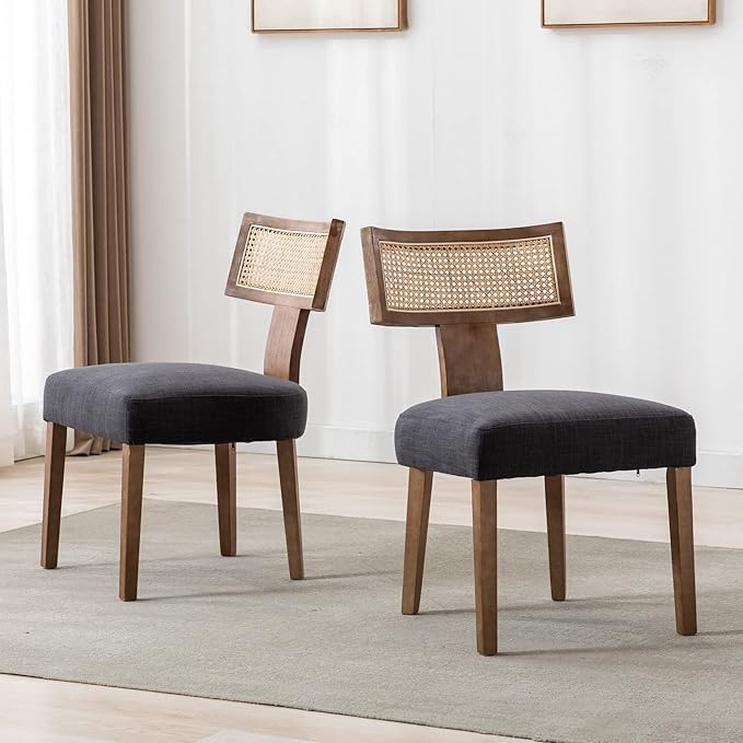 RIVOVA Rattan Dining Chairs Set of 6, Modern Fabric Upholstered Kitchen Chairs, Wooden Dining Room Chair Farmhouse Dinner Chair, Charcoal