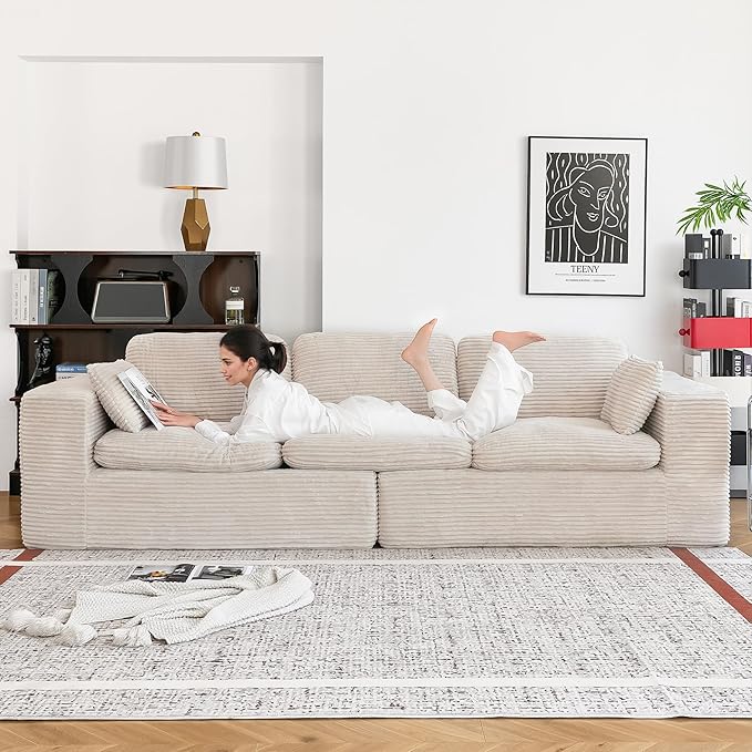 Esright 110" Oversized Sofa for Living Room, Cloud Boneless Couch with Fluffy Seat Cushions, 3 Seater Upholstered Floor Sofa, No Assembly Required, Beige
