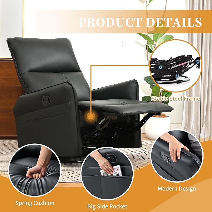 QKFF Swivel Rocker Recliner Chair, Upholstered 360° Fabric Leather Glider Rocker Chair for Nursery, Manual Small Recliners for Small Spaces Living Room Weight Capacity 300lbs