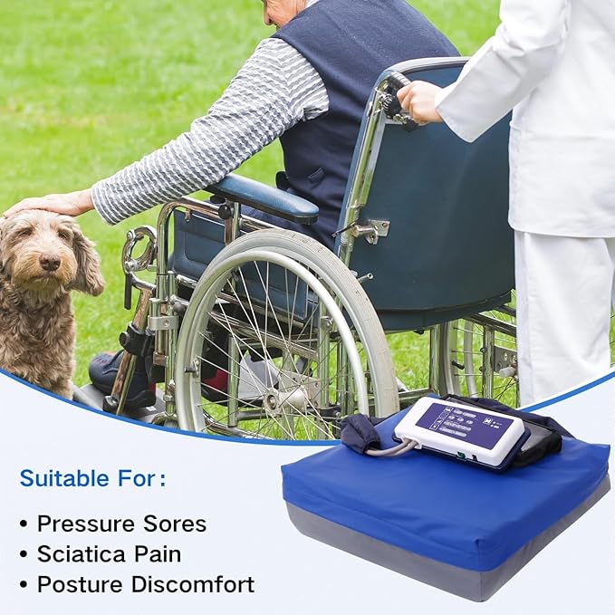 Alternating Pressure Cushion for Wheelchair, Waterproof Pneumatic Air Cell Cushion for Pressure Sores Relief, Relief Pressure Seat Pad with 12 Hour Air Pump