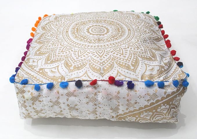 CRAFT KALA 16" Square Large Hippie Mandala Meditation Floor Ottoman Pillow Cushion Pouf Cover Square Poufs Bohemian Circle Floor Cushion Case Outdoor Fireplace Living Room Decor Cover Golden Ombre
