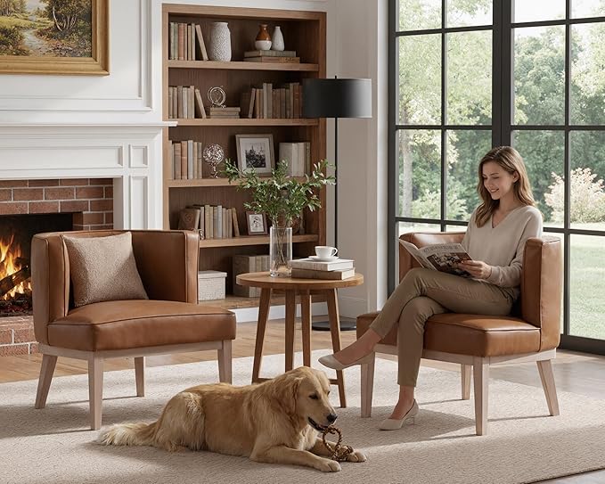 Mid Century-Modern Brown Faux Leather Accent Chairs Set of 2, Comfy Upholstered Barrel Chairs with Wood Leg Reading Armchairs Waiting Room Round Side Chairs for Small Spaces/Living Room/Bedroom/Office