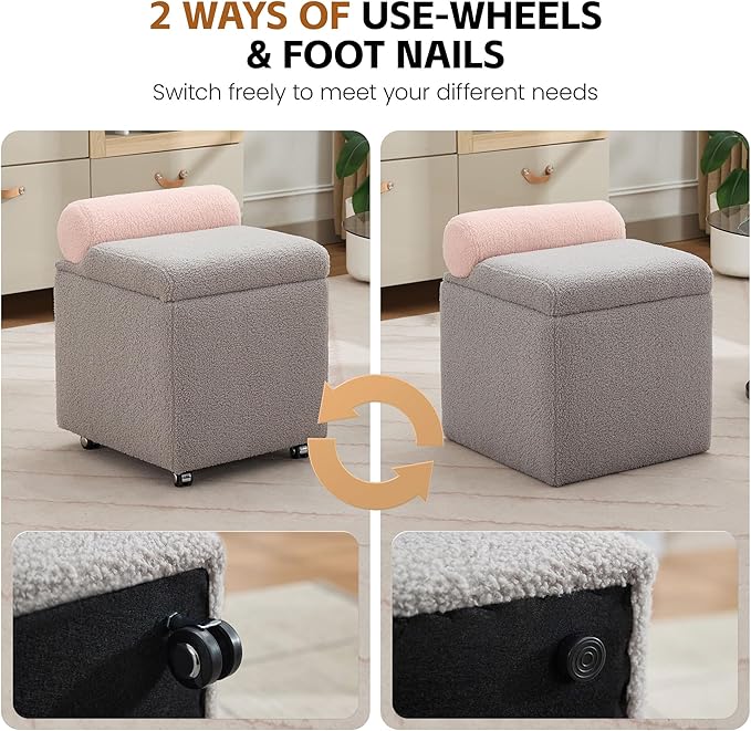 Boucle Vanity Chair with Storage, Swivel Vanity Stool with Safety Hinge, Upholstered Makeup Chair with Wheels, Square Ottoman Stool for Living Room, Dressing, Bedroom, Grey