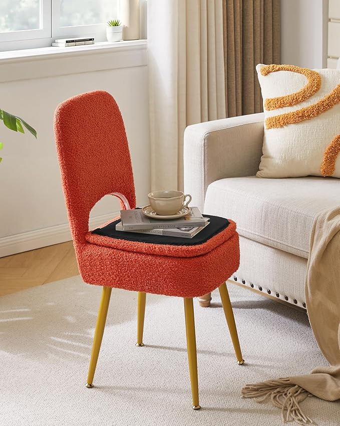 IBUYKE Small Storage Vanity Stool with Folding Backrest, 12.99" x 13.78" x 31.5" Square Teddy Velvet Ottoman, Makeup Chair for Living Room, 4 Metal Legs with Anti-Slip Feet, Orange WBD027J