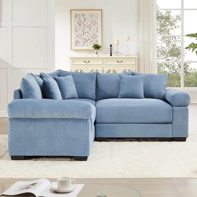 KEIKI 79" L-Shaped Oversized Corduroy Modular Cloud Sectional Sofa with High-Density Foam Cushion, Extra-Thick Armrest, Convertible 3-Seater Fluffy Corner Couch with 10 Pillow, for Living Room, Blue