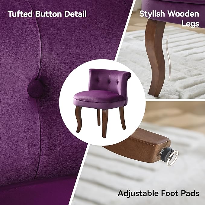 WUTUTUEE Velvet Vanity Chair with Solid Wood Legs, Tufted Upholstered Vanity Stool with Back, Mid Century Small Makeup Accent Chair for Bedroom, Living Room, Purple