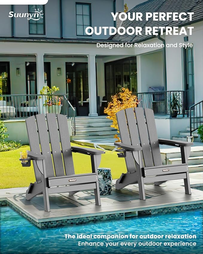 Folding Adirondack Chair, HDPE All-Weather Fire Pit Chairs, Plastic Adirondack Chairs with 2 Cup Holder, Outdoor Lawn Chair for Patio Garden (Grey)