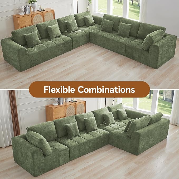 170''Modular Sectional Couches for Living Room, Cloud Boneless Compressed Sectional Sofa, Oversized L Shaped 7 Seater Upholstered Memory Foam Sofa, No Assembly, Chenille Green