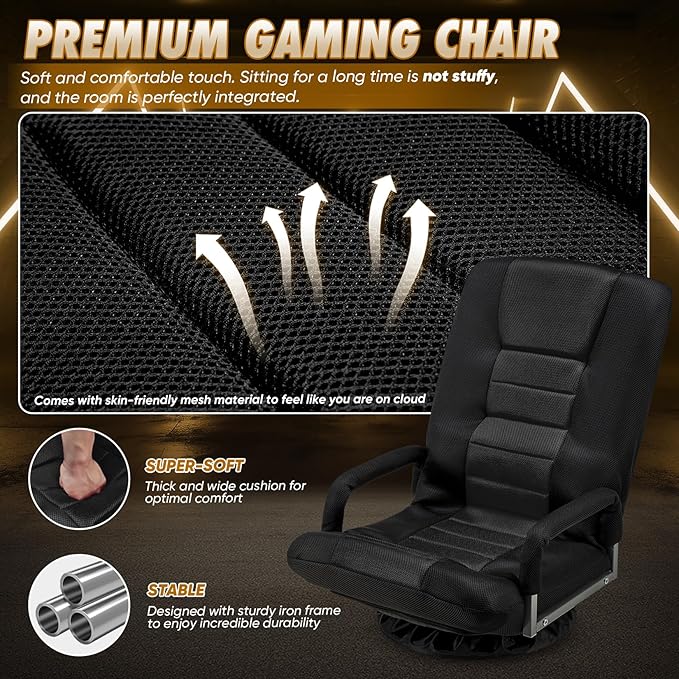 Swivel Gaming Chair 360 Degree Multipurpose Floor Chair w/Armrest & 6 Adjustable Postions Backrest for Adults & Kids, for Reading, Gaming, Watching, Relaxing, Black