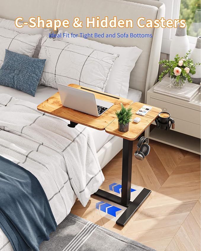 YIHAYO Electric Adjustable Overbed Bedside Table with Wheels, 24 x 16 Inches Mobile Standing Desk, Laptop Desk, Movable Overbed Tables Hospital Home Use, Rustic Brown